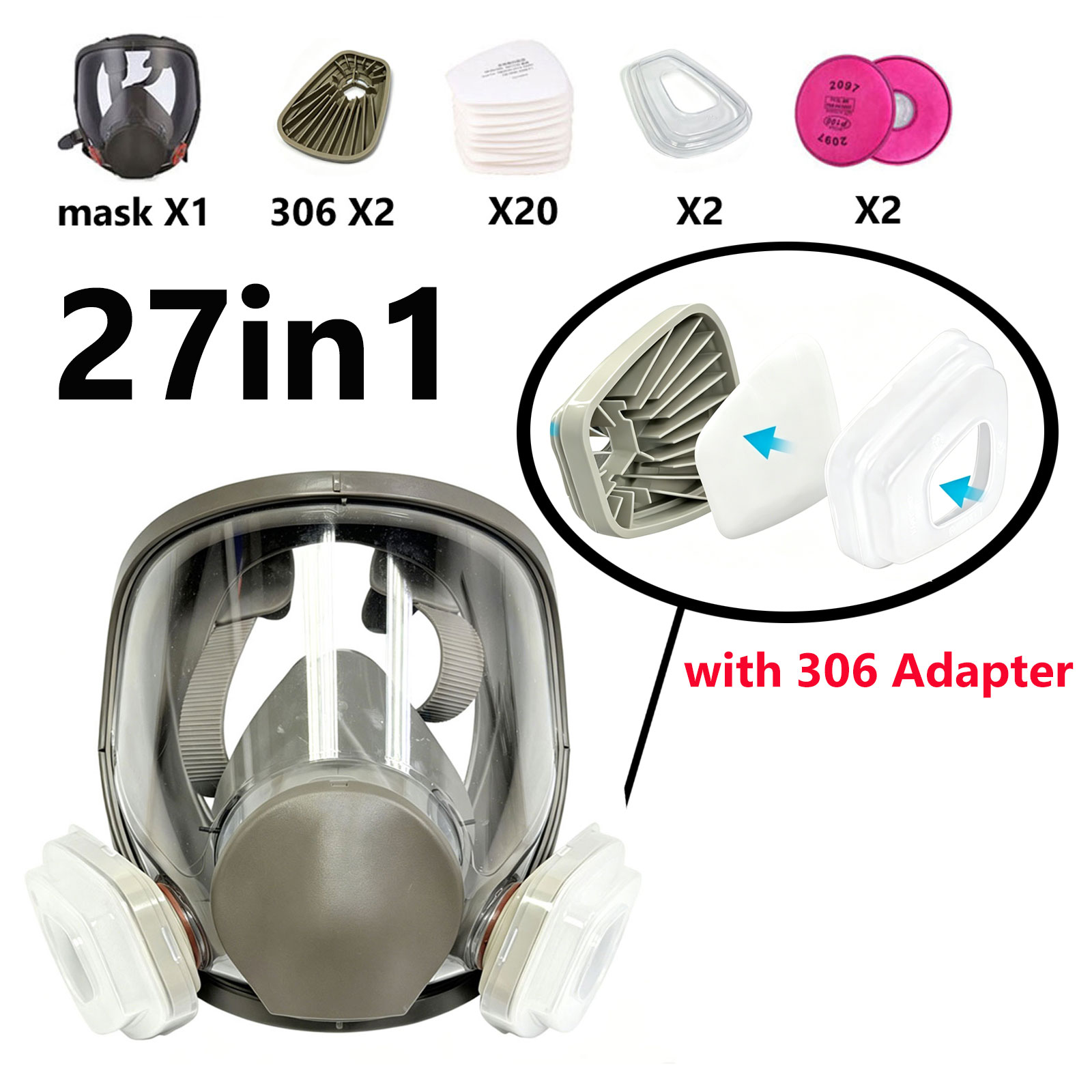 Dust Mask Construction - 6800 Vollgesichtsmaske mit 306 Filteradapter, Verbessertes